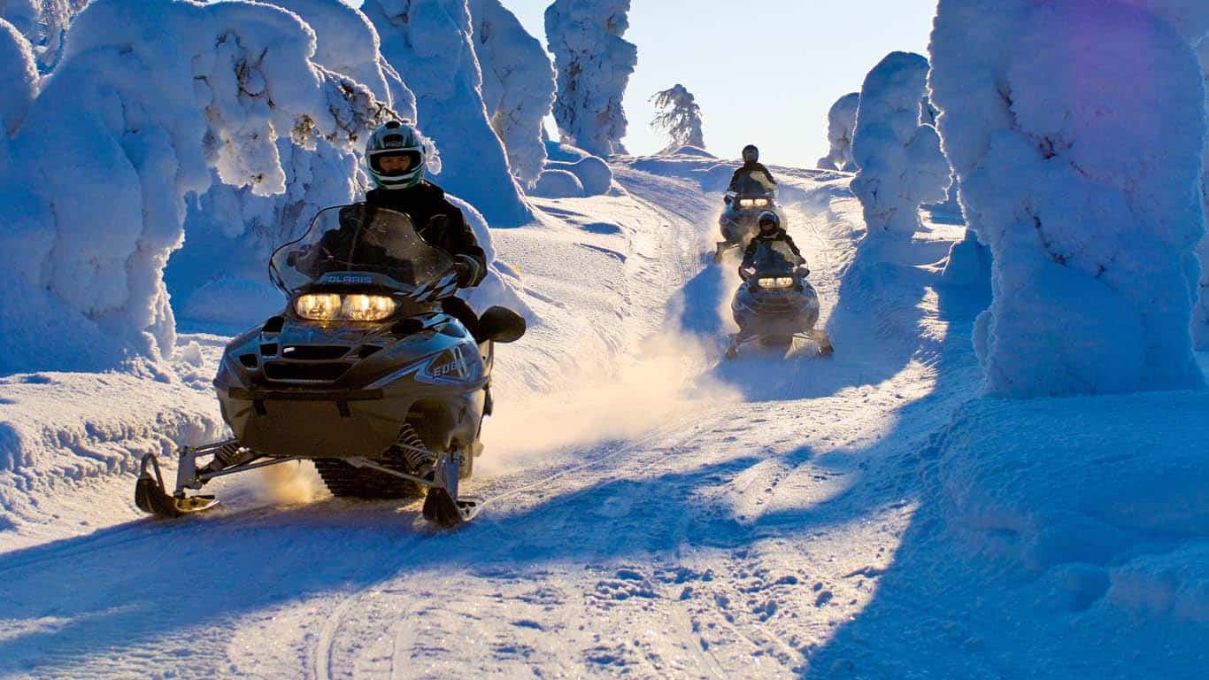 Tre motoslitte in fila su paesaggio innevato tra alberi ghiacciati in Lapponia, Finlandia