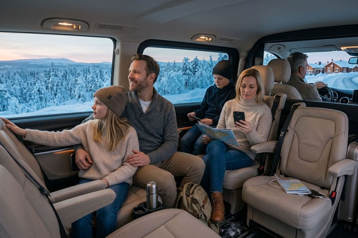 Famiglia su transfer che arriva in Lapponia