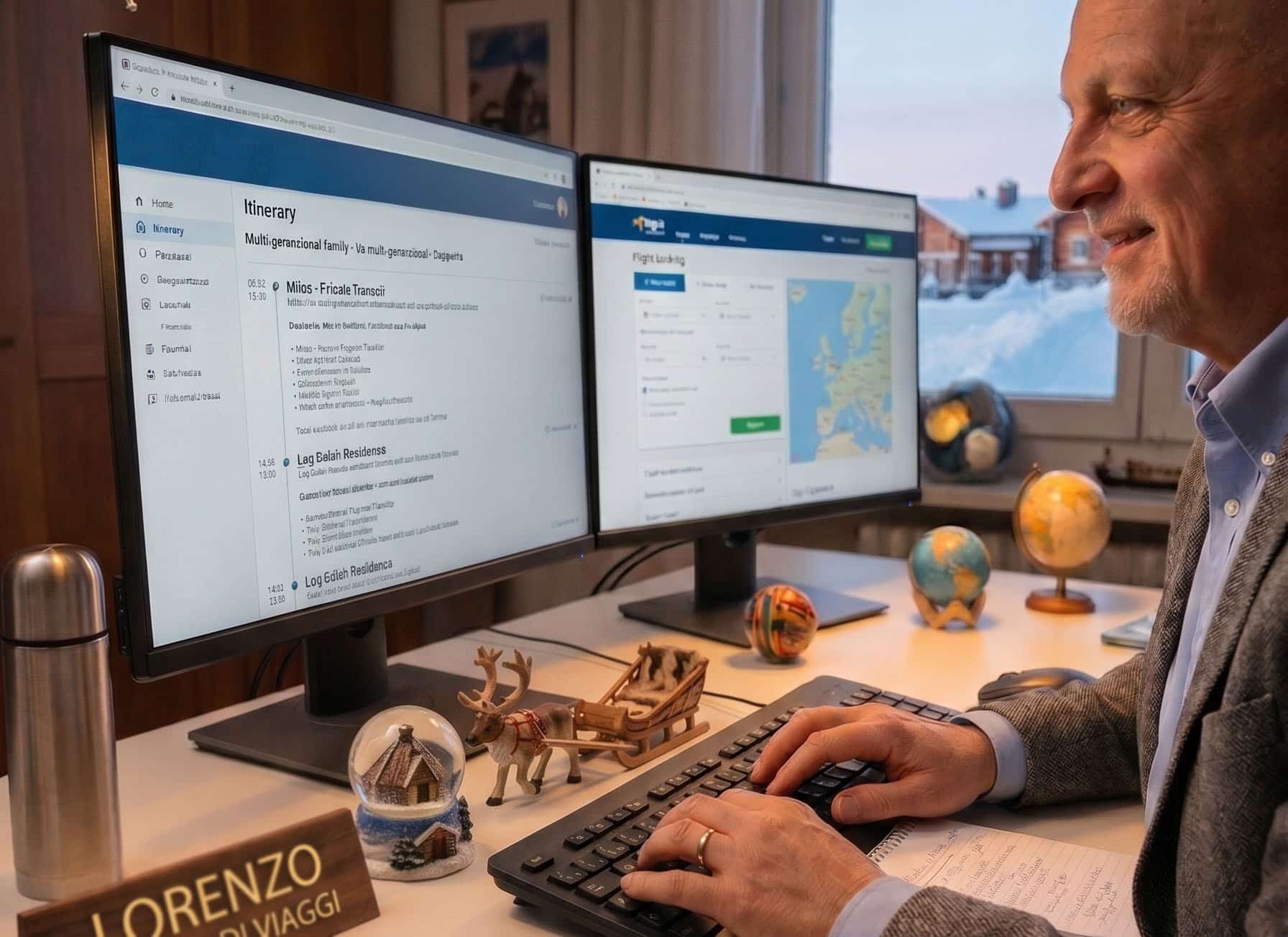 Lorenzo Sattin mentre lavora in ufficio per organizzare un viaggio